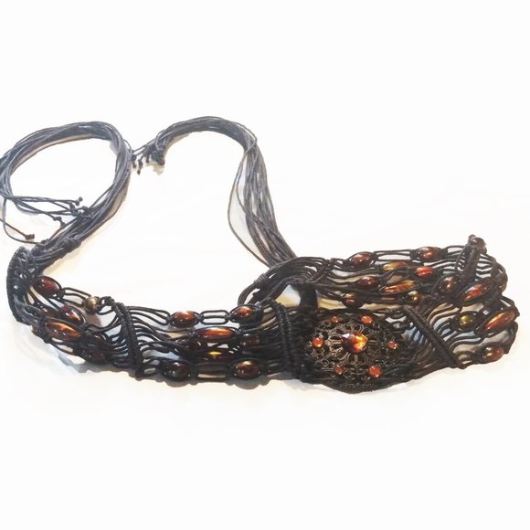 Vintage 1970's Brown Macrame Tie Belt With Glass Beads & Faux Amber Stones - Picture 6 of 11